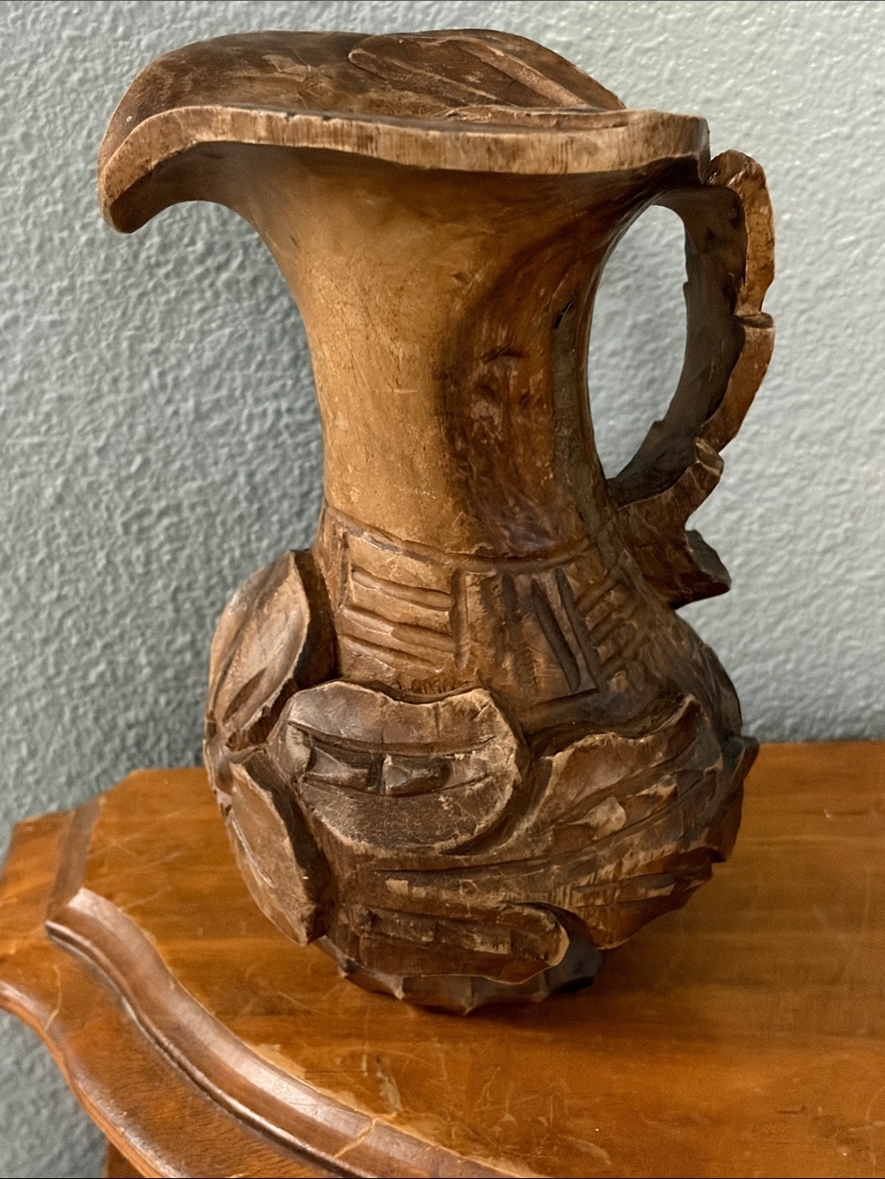 Vintage Hand-Carved Wooden Pitcher Vase in Warm Brown